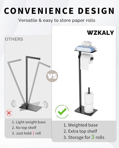 Toilet Paper Holder Stand, Free Standing Toilet Paper Holder with Shelf for Bathroom, Stainless Steel Toilet Paper Roll Holder with Storage, Reserve for 3 Rolls, Weighted Base(Matte Black) - Image 4