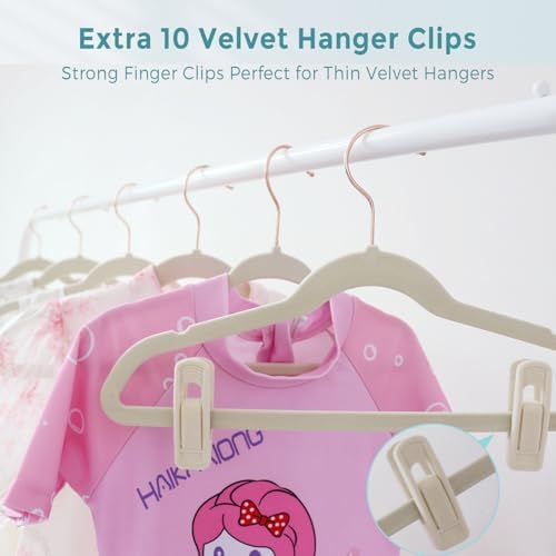 Tonswachic Child Velvet Hanger 50 Pack, 14 Inch Premium Felt Non Slip Kid Hanger for Infant & Toddler Clothes, 0.2" Slim Space-Saving Kid Felt Hanger with 10 Clips & 360° Rose Gold Hook, Beige - Image 6