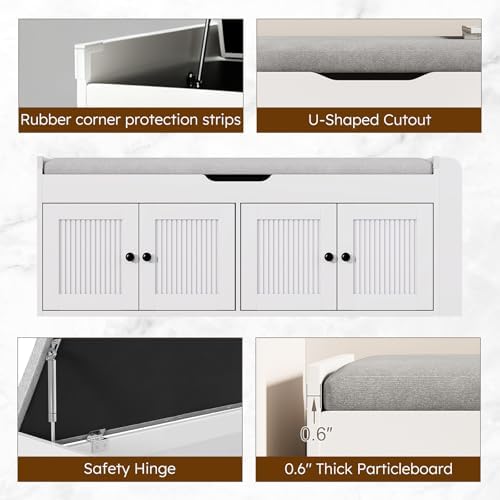 47.2" Storage Bench - Entryway Shoe Bench with Side Storage Shelves and 4 Doors, Multifunctional Entryway Bench with Lift Top Cushion, Shoe Storage Bench for Bedroom, Living Room, White - Image 6