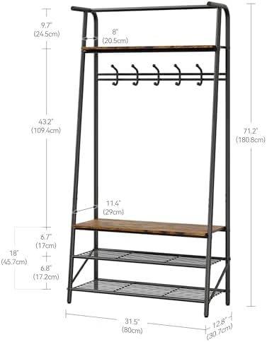 31.5" Retro Brown Hall Tree with Bench and Shoe Storage, Single Row Hooks Coat Rack Freestanding Organizer, Heavy Duty Coat Rack with Shoe Storage, Coat and Shoe Rack Entryway Mudroom Foyer - Image 7