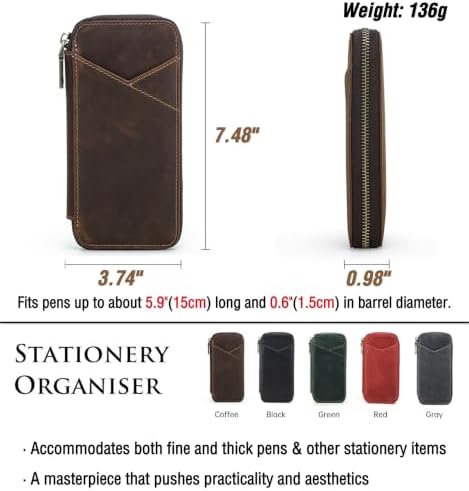Top Grain Genuine Leather 4 Fountain Pen/Pencil Case Pouch, Handmade Minimalist Design, Zipper Closure with Multi-Function & Slots, Gift Choice for Man/Woman/Office, Glossy Black, 4 Slots - Image 4