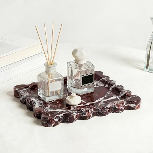 Scalloped Square Marble Decorative Tray, Natural Stone Vanity & Jewelry Tray, Trinket Organizer for Ring, Key, Dresser, Nightstand, Bathroom Counter & Kitchen Sink(Rosso Lepanto) - Image 3