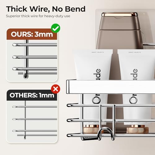 Orimade Shower Caddy with 5 Hooks Organizer for Hanging Razor and Sponge Bathroom Basket Adhesive Shower Shelf Storage Kitchen Rack Wall Mounted No Drilling Rustproof Stainless Steel - 2 Pack - Image 3