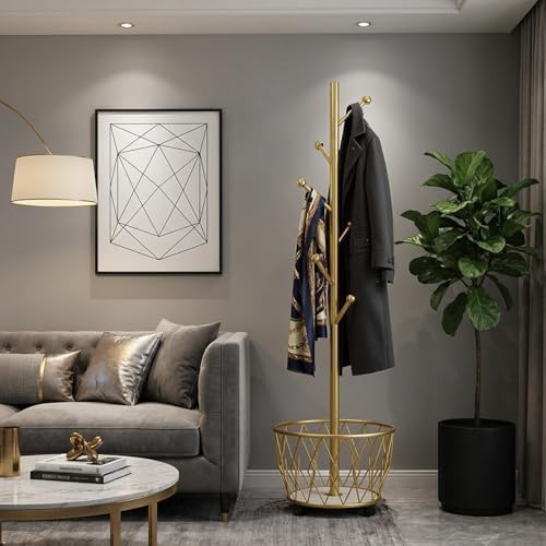 Gold Moveable Tree Metal Coat Rack with Basket Freestanding 65" - Image 3