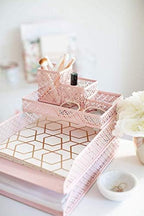 BLU MONACO | Pink Desk Organizer Set for Women 6 Piece | Mail Sorter Organizer Countertop with Letter Trays | Standing File Organizer with Mesh Pen Holders - Image 4