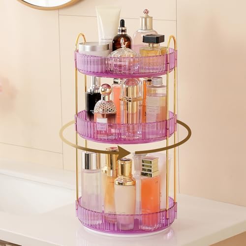 Aveniee Rotating Makeup Organizer for Vanity, Perfume Skincare Organizerss Large, Spinning Bathroom Counter Shelf Holder for Cosmetics, Skin Care, Lipsticks,3 Tiers, Purple by Aveniee