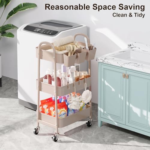 3 Tier Khaki Metal Utility Rolling Cart, Storage Carts with Lockable Wheels - Image 3