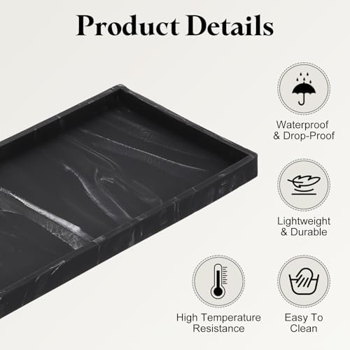 uxcell Bathroom Vanity Tray, 15.7" x 6" Silicone Soap Dispenser Trays, Shatterproof Kitchen Sink Organizer for Soaps Keys Candle Trinket, Marble Black - Image 3