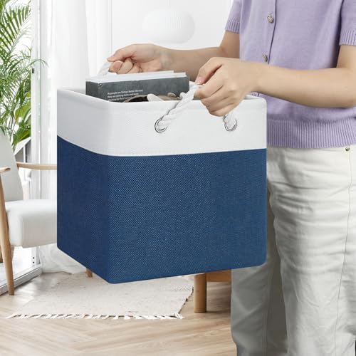 Posprica 11×11×11 Storage Cubes, Collapsible Storage Bins Organizer for Closet, Fabric Storage Box with Cotton Rope Handles, Decorative Storage Baskets for Shelves, set of 6 - White/Blue - Image 6