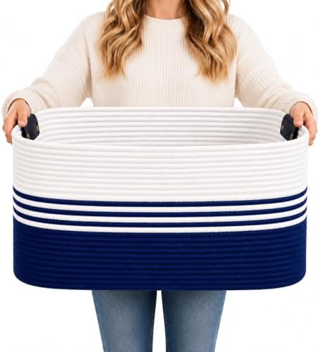 Laundry Hamper with Handles, 72L Rope Laundry Basket, Dark Blue & White by AINUOQI