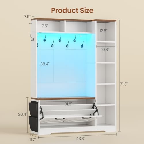 Itaar Hall Tree with Bench and Shoe Storage, Farmhouse Entryway Bench with Coat Rack, Shoe Cabinet with Flip Drawers, 7 Shelves, 10 Coat Hooks, Storage Bag, Led Lights, White - Image 2