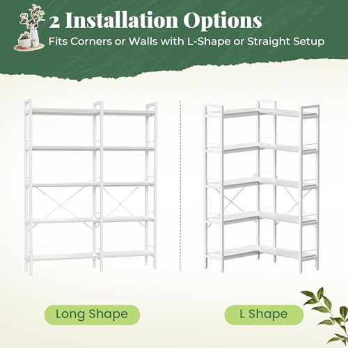 Huuger 5 Tier Bookshelf, L Shaped Corner Bookshelf with 10 Open Shelves, 49.4 Inch Straight Wide Bookcase with Metal Frame and Wooden Board, Adjustable Feet, White - Image 7