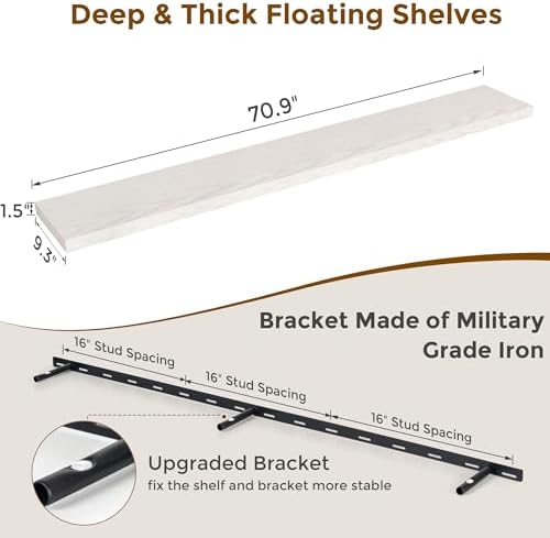 Fun Memories 72 Inch Long Floating Shelves for Wall, 72x9.3 Large Floating Shelf for Bedroom, Kitchen, Bathroom, Wall Mounted Rustic Wood Shelves with Invisible Bracket for Books, Decor, Brich - Image 3