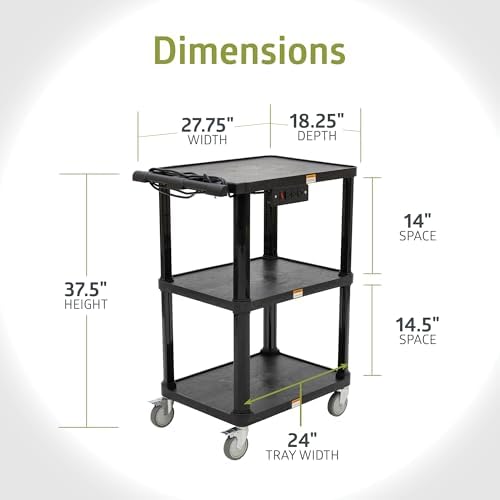 Pearington 3-Shelf Mobile Utility Cart with 3 Outlets and 8' Cord, Heavy-Duty Service Cart for Offices and Warehouses with 3 Shelves, Black - Image 6