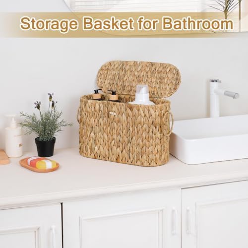 efluky Toilet Paper Storage Basket, Water Hyacinth Slim Toilet Paper Holder with Lid- Holds Up to 9 Mega Rolls, Home Bathroom Decor Organizer - Image 2