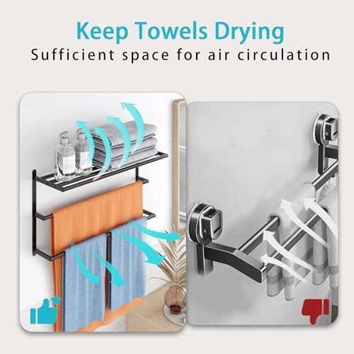 VOTZAAQ Towel Racks for Bathroom, 24 in Black Towel Shelf with Double Towel Bar, 3 Tier Stainless Steel Towel Storage, Bath Towel Holder Wall Mounted for Lavatory Organizer Decor RV Camping - Image 3