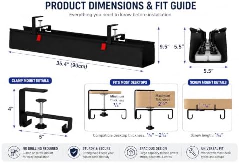 No Drill Under Desk Cable Management Tray, 90cm Power Strip Cord Organizer - Image 4
