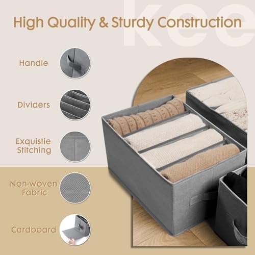 Criusia 6 Pack Large Clothes Organizer, Wardrobe Closet Organizer and Storage with Handles, Foldable Fabric Closet Organizers Dividers for Clothing, Pants, Jeans, Sweater, T-shirts, Grey - Image 4