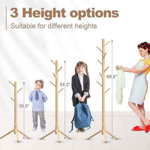 Aliphon Wooden Coat Rack Stand, Freestanding Coat Rack with 8 Hooks, 3 Adjustable Size Coat Tree for Hats, Coats, Scarves bags, Coat Hanger Stand Used in Bedroom/Office/Entryway,2 PCS (Natural) - Image 4