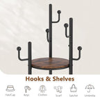 Hoctieon Coat Rack Freestanding, Round Coat Rack with 3 Wooden Shelves and 1 Fabric Basket, Metal Clothes Tree with 5 Hooks, Coat Hanger Stand for Clothes, Hats, Bags, Brown and Black - Image 3