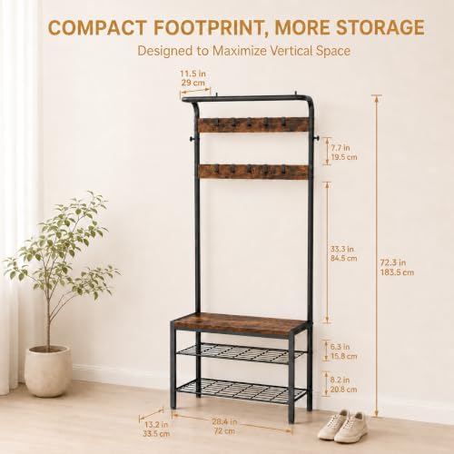 Simple Deluxe 4-in-1 Hall Tree with Bench and Shoe Storage, Entryway Coat Rack with 10 Hooks, Freestanding Mudroom Organizer with 2-Tier Shoe Rack for Entryway Bedroom Foyer, Brown - Image 4