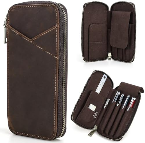 Top Grain Genuine Leather 4 Fountain Pen/Pencil Case Pouch, Handmade Minimalist Design, Zipper Closure with Multi-Function & Slots, Gift Choice for Man/Woman/Office, Matte Coffee, 4 Slots by CataPurusLeatherCrafts