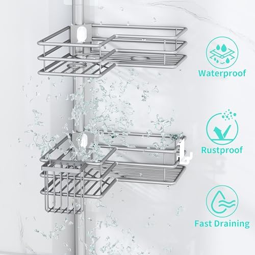 HapiRm Corner Shower Caddy Organizer - Shower Organizer Corner with Soap Holder, Toothbrush Holder and 4 Hooks, Rustproof Bathroom Shelf Tension Pole Available for 27.6 to 108.3 Inch - Silver - Image 6