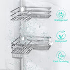 HapiRm Corner Shower Caddy Organizer - Shower Organizer Corner with Soap Holder, Toothbrush Holder and 4 Hooks, Rustproof Bathroom Shelf Tension Pole Available for 27.6 to 108.3 Inch - Silver - Image 6
