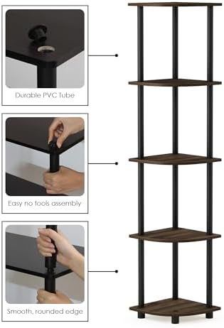 Furinno TURN-N-TUBE Corner Shelf Set of 2, 5-Tier Corner Bookshelf, Open Storage Shelves, for Organization and Storage, Living Room, Home Office, Garage, Columbia Walnut - Image 4
