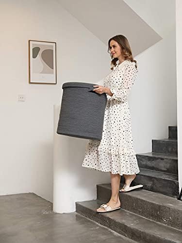 16x18 Inch Extra Large Round Cotton Rope Storage Basket with Lid, Decorative Woven Bin with Cover for Living Room Bedroom Closet, Dark Grey - Image 2