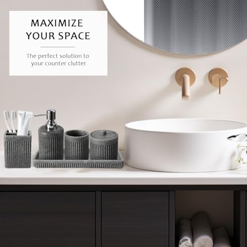 XLHOMO 8-Piece Grey Bathroom Sets with Shower Curtain and Rugs, Resin Bathroom Accessories Sets Complete with Soap Dispenser, Toothbrush Holder, Tumbler & Apothecary Jars Bathroom Essentials - Image 5