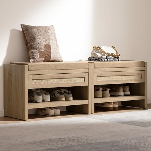 SICOTAS Rattan Shoe Bench Entryway Bench with Storage Drawer, Linen Cushion by SICOTAS
