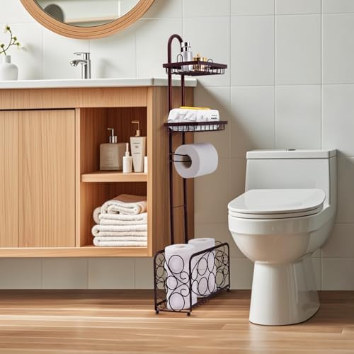 Oasis Creations Toilet Paper Holder Tissue Rack Stand with Magazine Toilet Roll Storage Basket- Freestanding, Bronze Metal - Image 3