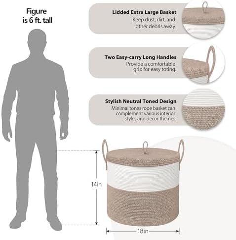 18" X18“ X 14" Large Storage Basket with Lid, Blanket Basket Living Room, Woven Cotton Rope Storage Box, Lidded Kids Dog Toy Bin, Wicker Laundry Basket, Blankets Pillows Organizer Holder - Image 2