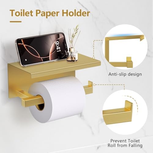TQKAG 5-Pieces Brushed Gold Bathroom Hardware Accessories Set 23.6" SUS304 Stainless Steel Towel Bar Set Wall Mounted Square Toilet Paper Holder with Shelf - Image 3