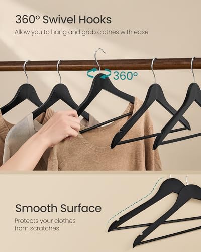 SONGMICS Wooden Hangers, Pack of 30, Coat Hangers, Pants Bar, 360° Swivel Hooks, Solid Birch Wood, 0.3-Inch Thick, Space Saving, for Jackets, Shirts, Coats, Ink Black UCRW030B01 - Image 6