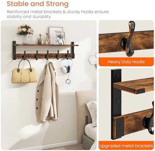 Homode Coat Rack Wall Mount, 29 Inch Long Shelf with Hooks, Rustic Brown - Image 3