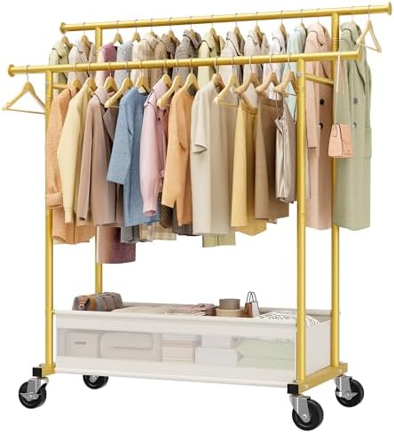 Clothes Rack 210 LBS Double Rods Extra Storage Basket by Snhomee