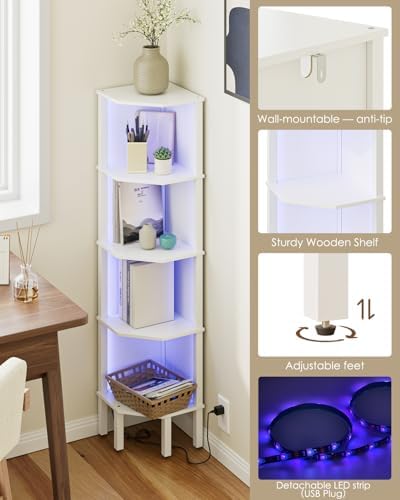 Corner Shelf Stand, 5 Tier Corner Bookshelf with Led Light,Corner Furniture for Bedroom Display Corner Shelf for Small Space,Wood Shelves with Storage Rack for Living Room,Office,White - Image 5