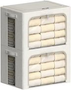 FHSQX 2 Pack Clear Window Storage Bins Large Stackable Linen Fabric Storage for Clothes Foldable Container Organizer Set with Carrying Handles (Lvory White, 23.6x 16.5x 15.7 Inch) by FHSQX