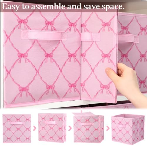 Geelin 6 Pcs Pink Bow Cube Storage Bins 11 Inch Storage Basket with Handle - Image 3