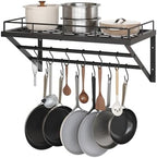 YATINEY Wall Mounted Pot Rack, 23.8 Inch Pot and Pan Organizer with 2 Tier Hanging Rails, 12 S-Hooks, Metal Pot Rack for Kitchen Cookware Organizer, Space Saving, for Kitchen Utensils, Black PR01BK by Yatiney