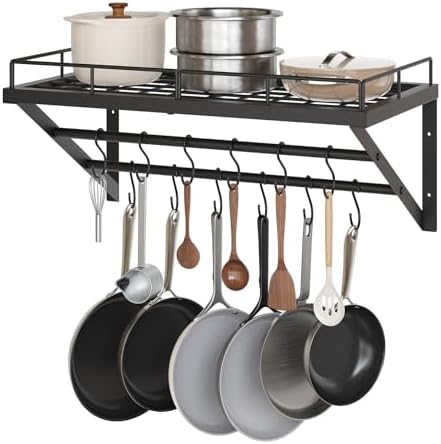 YATINEY Wall Mounted Pot Rack, 23.8 Inch Pot and Pan Organizer with 2 Tier Hanging Rails, 12 S-Hooks, Metal Pot Rack for Kitchen Cookware Organizer, Space Saving, for Kitchen Utensils, Black PR01BK by Yatiney