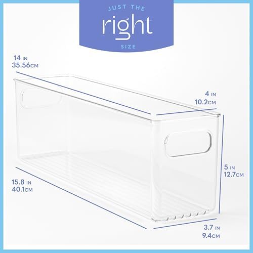 Plastic Food Storage 4 Pack Clear Container Bin with Handles for Organizing Kitchen, Pantry, Refrigerator, Freezer, Pantry, Cabinet, Closet, Bathroom. 14”x4”x5” - Image 3