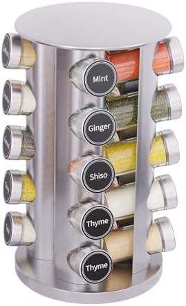 New England Stories Revolving Spice Rack Set with 20 Spice Jars, Kitchen Spice Tower Organizer for Countertop or Cabinet - Carousel Storage Includes 386 Spice Labels (Silver) by NewEnglandStories