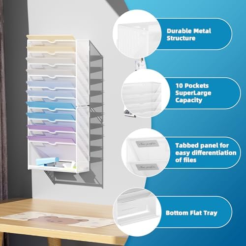 Marbrasse Wall File Holder 11-Tier Hanging Wall File Organizer, for Papers, Files Clipboard & Magazine Organizer, Wall Mount File Holder Great for Office Home (White) - Image 3