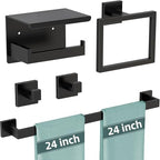 5-Pieces Matte Black Bathroom Hardware Accessories Set, 24 Inch Stainless Steel Towel Racks for Bathroom, Towel Bar Set Towel Ring Coat Hook and Toilet Paper Holder with Shelf Wall Mounted by PDBADA