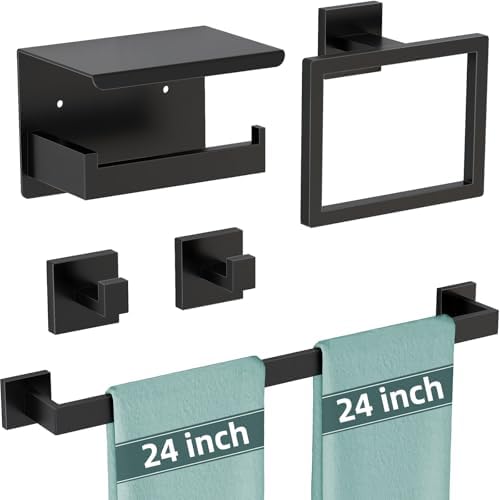 5-Pieces Matte Black Bathroom Hardware Accessories Set, 24 Inch Stainless Steel Towel Racks for Bathroom, Towel Bar Set Towel Ring Coat Hook and Toilet Paper Holder with Shelf Wall Mounted by PDBADA