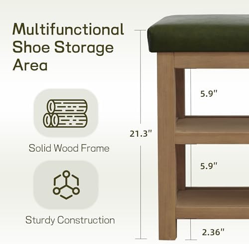 Zihanhome Shoe Rack Bench with Leather Cushion, 2 Tier Solid Wood Storage Bench, Mid-Century Modern Shoe Bench for Entryway, Hallway, Closet, Front Door Entrance, Foyer (Green, 46.5) - Image 7
