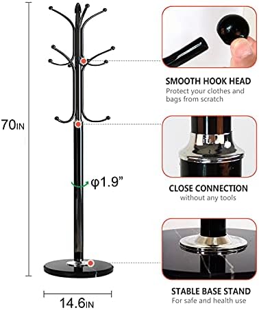 Kertnic Freestanding Coat Rack Stand, Heavy Duty Metal Hall Tree with 12 Hooks, 70 Inch Tall Stable Coat Hanger with 14.6" Natural Marble Base, Entryway Organizer for Coats Bags Hats Purses (Black) - Image 3